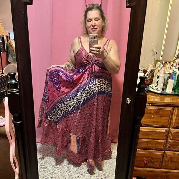 NEW Silk Summer Dress Maxi Gorgeous Full Skirt Pink Purple Floral NEW - Picture 4 of 13